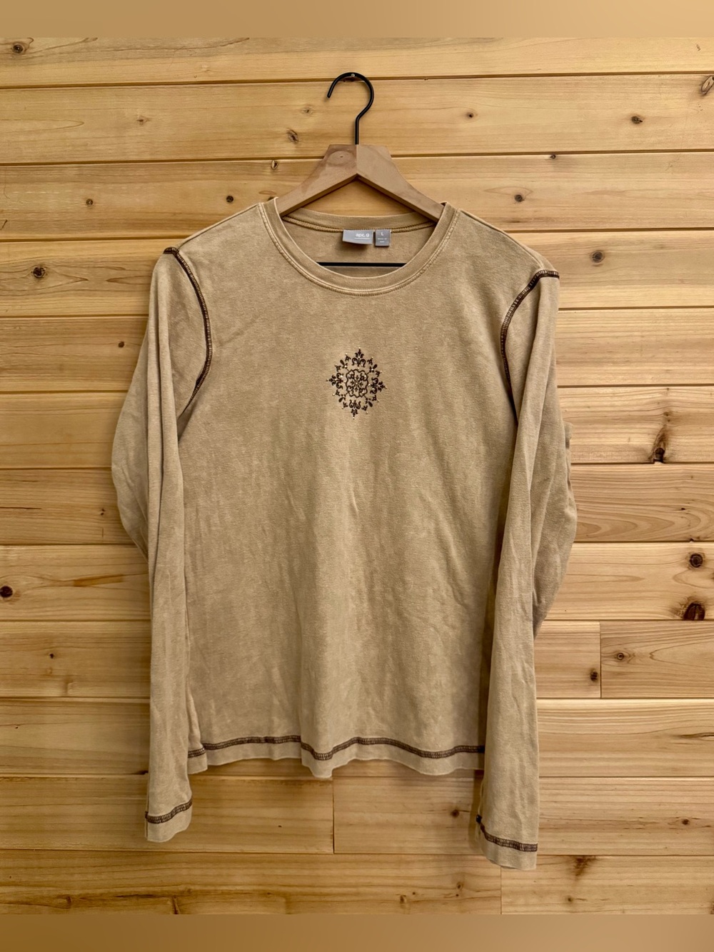 Vintage Y2K Large Tan Acid Wash Long Sleeve Cotton Bedazzled Shirt